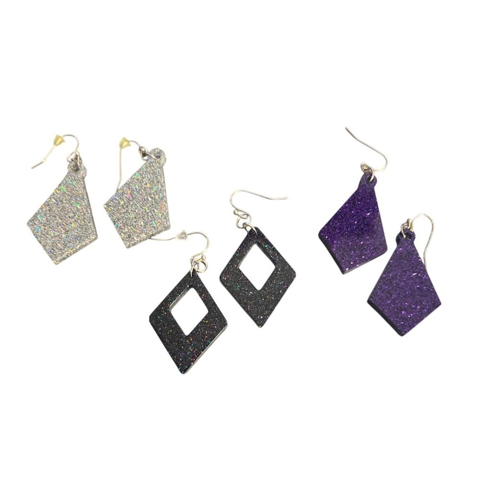 3 Pair of Earrings Silver Tone Resin Glitter Silver Black Purple 2" Lightweight